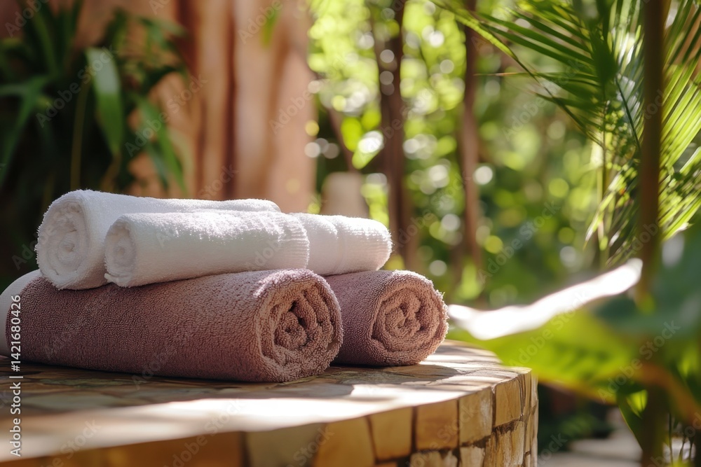 Poster soft towels arranged on a stone table surrounded by lush greenery in a tranquil spa setting