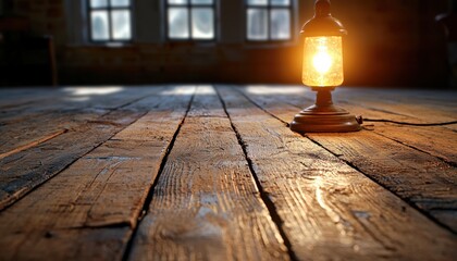 A captivating photo capturing the warm glow of a vintage lamp illuminating a rustic wooden floor, creating a cozy and inviting atmosphere in a room with soft natural light filtering through the