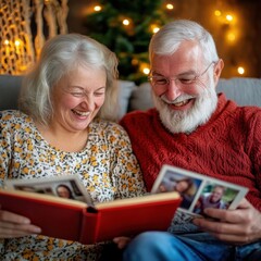 A heartwarming scene captures an elderly couple, their faces alight with joy, as they reminisce over cherished memories preserved in a photo album, highlighting the enduring power of family bonds and