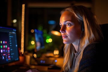Captivating Portrait of a Focused Woman Working Late at Night on a Computer, illuminated by the Soft Glow of the Monitor She is deeply engrossed in her task, creating a sense of dedication and