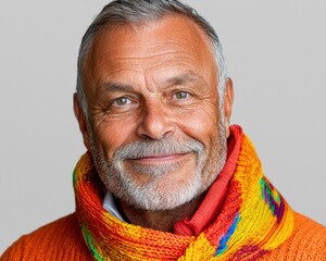 Captivating Portrait of a Mature Man with Warm, Welcoming Expression, Showcasing Ageless Charm and Experience, Dressed in Vibrant Orange Sweater and Colorful Scarf, Creating a Visually Appealing and