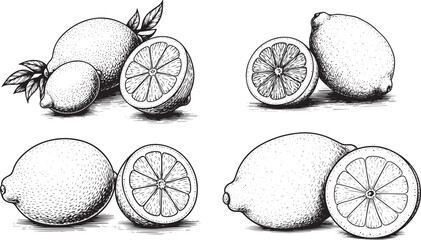 four different pictures of a lemon sketch