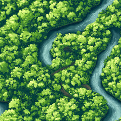 Aerial Illustration of a Meandering River Through Dense Tropical Forest - Seamless Pattern