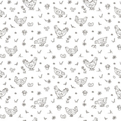 Seamless pattern with silhouettes of chickens, chicks and a rooster, in doodle style. Poultry, farm-style prints, kitchen textiles, eco-friendly packaging. The concept of natural food