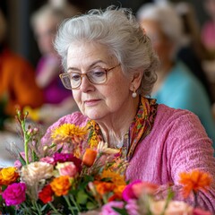 Captivating Portrait of an Elegant Senior Woman Arranging Vibrant Flowers in a Brightly Lit Room, Radiating Serenity and Grace Her Gentle Smile and Thoughtful Gaze, Coupled With the Rich Colors and