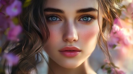 A woman's captivating face, surrounded by delicate blooms