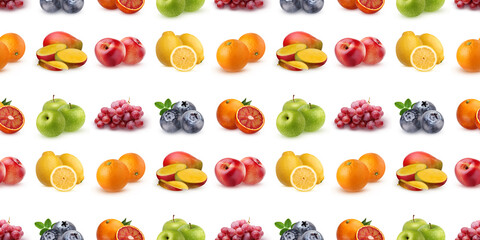 Seamless pattern of fresh fruits including mango, apple, lemon, orange, grape and blueberry on white background