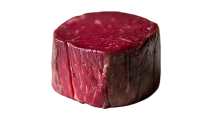 Thick cut of raw bison steak, richly marbled with a bold red tone, placed prominently on a pure white background, showcasing wild and lean gourmet meat