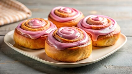 Close-up of three delicious cinnamon rolls with pink icing on a plate , icing, cinnamon,  icing, cinnamon, colorful
