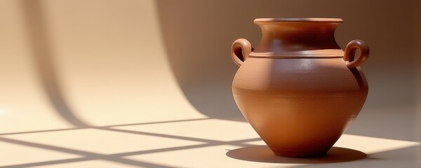 Elegant clay pot with shadow in minimalist setting.