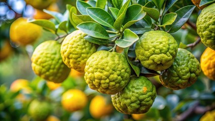 Fototapeta premium Bergamot oranges ripening on a Mediterranean evergreen tree branch in late winter, ripening, winter, ripening, winter