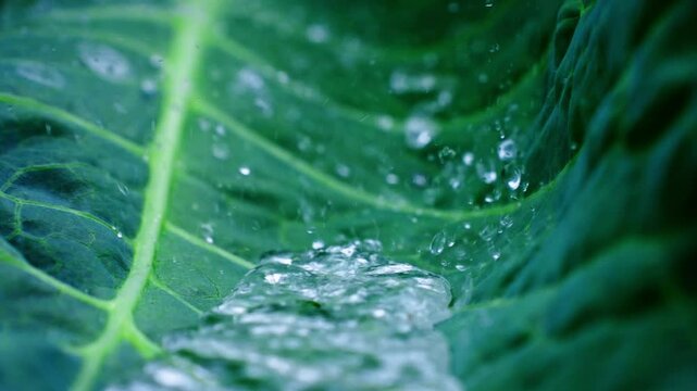Water stream trickling along midrib of verdant leaf, generating delicate splashes and mirroring surrounding lush greenery with pristine clarity