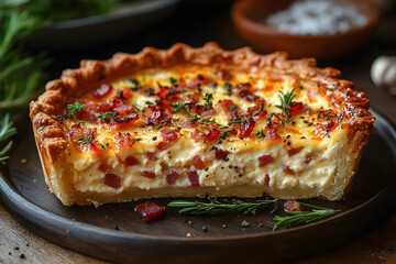 Slice of quiche Lorraine with creamy filling and bacon on a rustic table