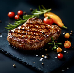 uicy Grilled Steak with Herbs and Tomatoes – Gourmet Meat Dish on Slate Plate