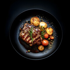 Grilled Steak with Baby Potatoes and Tomatoes – Gourmet Fine Dining Dish on Black Plate