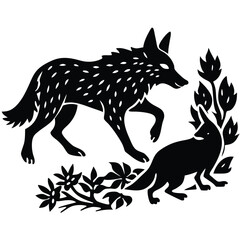 Fototapeta premium Black and White Coyote Illustration: Two Coyotes in Nature, Silhouette Style Vector Art, Animal Wildlife Graphic Design, Forest Scene