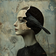 Surreal Portrait with Cracked Face and Black Bird – Symbol of Memory, Madness, and Decay