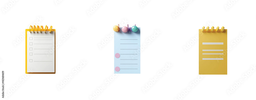 Poster spiral notepads with clips and pins in different shapes 3d