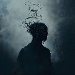 Silhouette with Tangled Mind – Surreal Representation of Mental Struggle and Inner Chaos