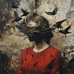 Woman with Nest of Branches and Crows – Surreal Symbolism of Silence, Madness, and Inner Darkness