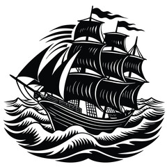 Black and White Vector Illustration of a Sailing Ship on the Ocean Waves
