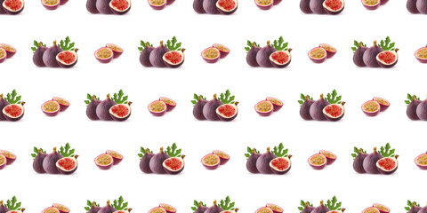Fresh figs seamless pattern displaying whole and halved fruits with leaves on white background