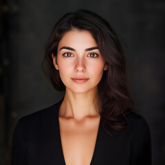 Confident Young Woman in Black – Studio Portrait with Natural Light on Dark Background