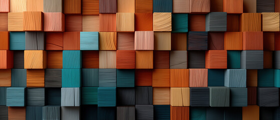 Colorful wooden cubes arrangement art installation indoor aesthetic