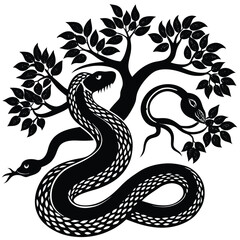 Fototapeta premium Black Silhouette: Serpent Coiled Around Tree of Knowledge, Temptation, Eden Art