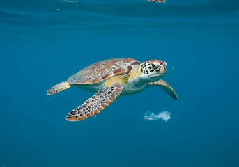 Fototapeta premium Ocean Turtle Swimming Near Plastic Pollution A Plea for Marine Conservation