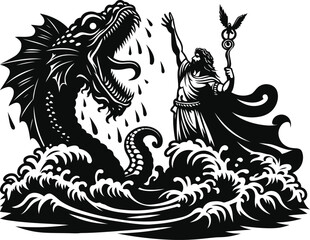 Mighty Sea God Conjuring Leviathan from Abyss – Legendary Ocean Creature in Fantasy Scene