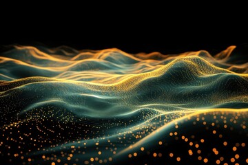 Vibrant digital landscape with flowing waves and glowing particles in abstract composition