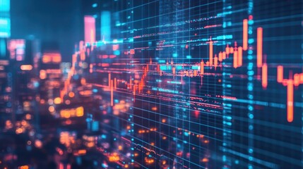 Fototapeta premium Financial Market Data Visualized Over Night Cityscape