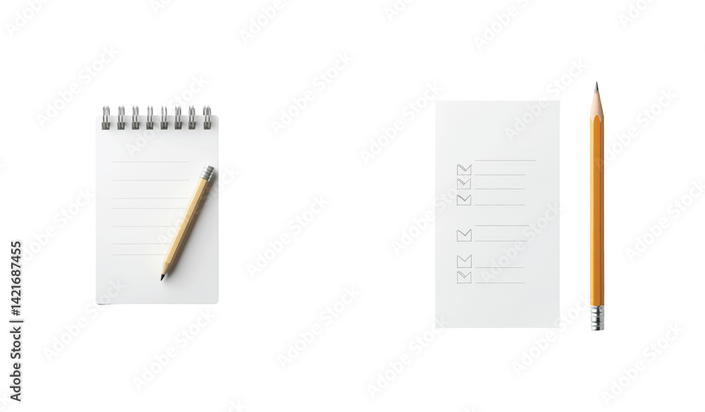 Poster various notebooks and pencils displayed neatly in a line for writing tasks