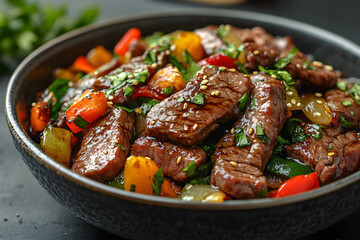 Stir-fried beef with vegetables and a sweet soy sauce served on a bowl