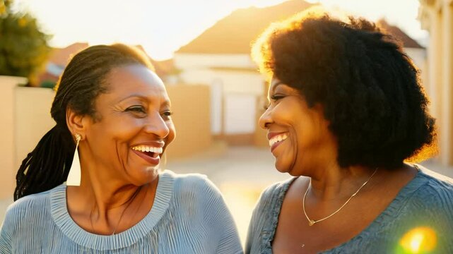 Slow zoom in video to capture an older black woman with deep ebony skin and a young latina woman with sun-kissed olive skin, both wearing casual chic outfits
