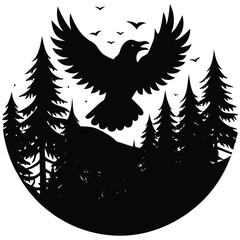 Obraz premium Raven in Flight Silhouette: Majestic Bird Soaring Over Forest, Black & White Nature Illustration, Wildlife Art, Circle Design