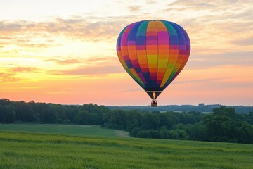 Obraz premium Colorful hot air balloon rises at sunrise over lush green fields