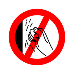 Do not knock prohibition sign with arm knocking on the door and round red ban symbol. Editable stroke.