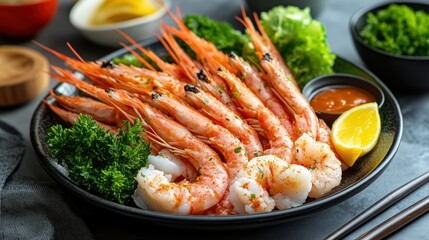 Deliciously presented grilled prawns with side dishes