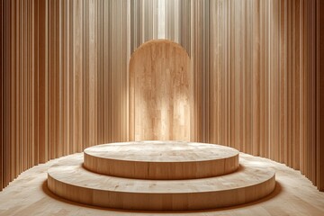 Abstract background with beige paper lines, circular podium in minimalist stage, vertical cardboard walls, and luxury product display.