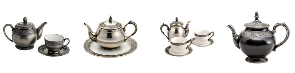 Antique silver and porcelain tea set showcases timeless elegance. long_title:This collection of vintage, ornate silver and porcelain tea pots, cups, and