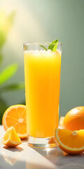 Fresh Orange Juice with Sliced Oranges on Wooden Table in Sunny Light