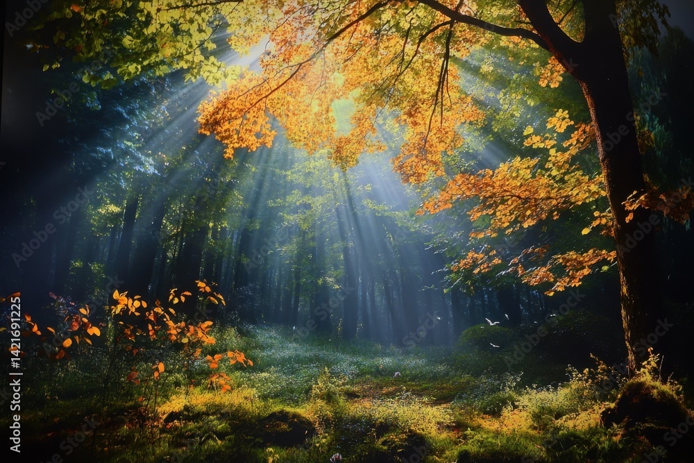 Poster sunlight filters through autumn leaves in a serene forest setting during daytime hours