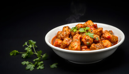 Tangra Chili Chicken served in a dish isolated on dark background side view food, Dynamic motion. White tone