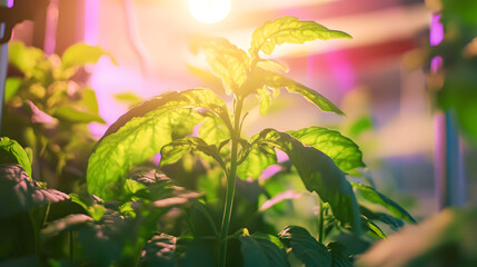 Obraz premium Green Growth: A close-up image of a thriving tomato seedling bathed in the warm glow of the setting sun. This image captures the vibrant essence of new life emerging and blooming. 