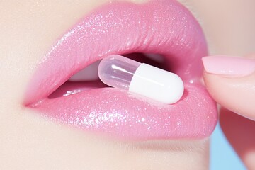 Obraz premium A woman's lips, holding a translucent pill. Generative AI