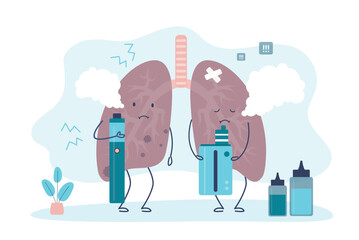 Vaping leads to lung disease, cancer. Lungs mascot holding e-cigarette or vape device. Lungs disease from smoking and vaping, concept. Medical banner.