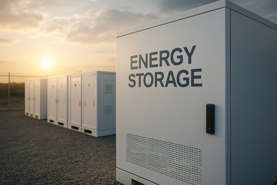 Modern energy storage units in an outdoor facility during sunset.