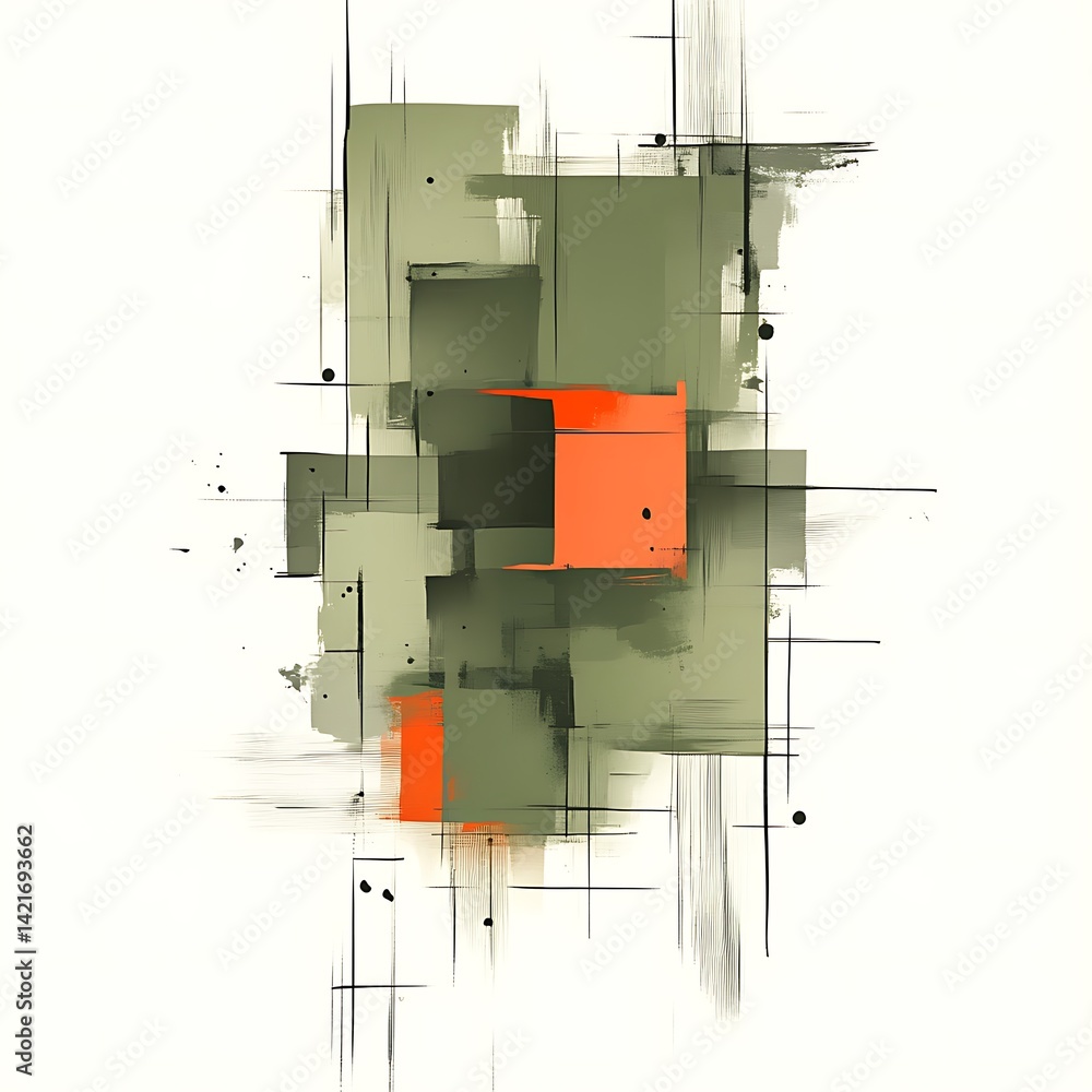 Poster abstract geometric composition in muted greens and orange. layered shapes, lines, and textures creat